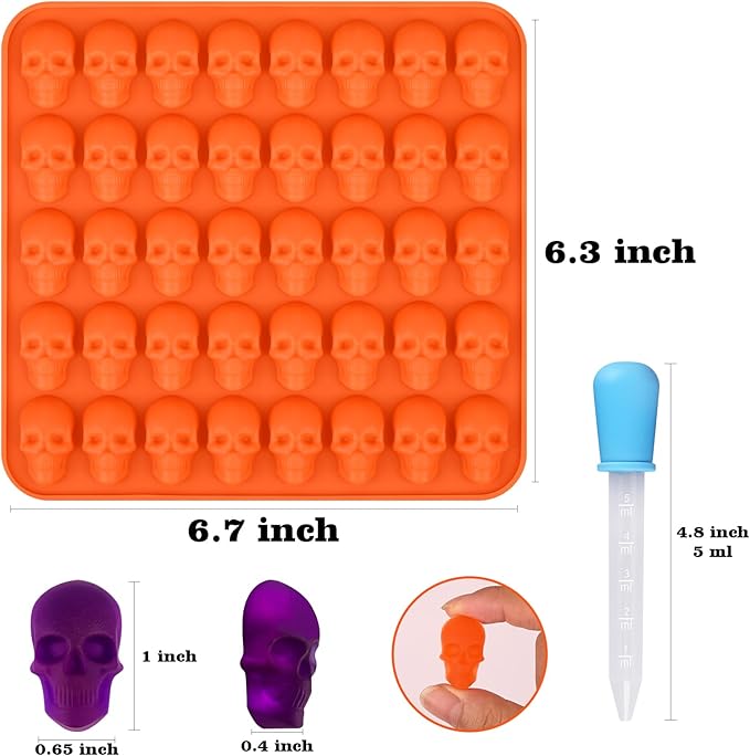 Sakolla 2 Pack Gummy Skull Candy Silicone Molds 40 Cavity Silicone Skull Molds with 2 Droppers for Halloween Chocolate, Candy,Jelly, Wax Melt, Dog Treats, Ice Cube