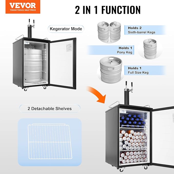 VEVOR Beer Kegerator, Dual Tap Commercial Draft Beer Dispenser for D system, Full Size Keg Refrigerator with 5lbs CO2 Tank, Hold 2 Sixth / 2 Ball lock keg, Black