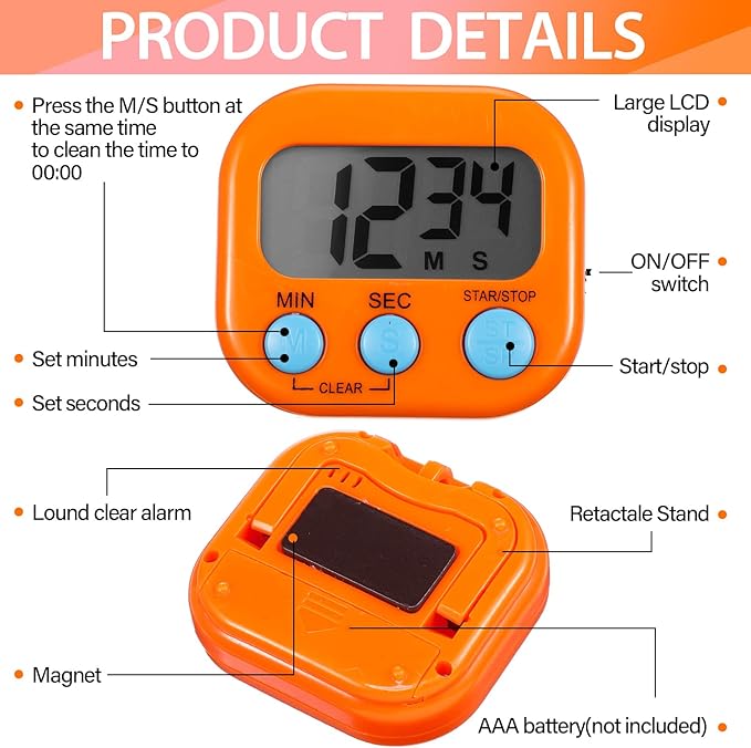 Weewooday 24 Pcs Digital Kitchen Timer Magnetic Timer Bulk On/Off Switch Minute Second Count up Countdown Loud Alarm for Exercise Cook Baking (Pink,Orange)
