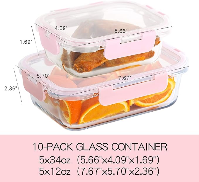 C CREST [10 Pack] Glass Meal Prep Containers, Food Storage Containers with Lids Airtight, Glass Lunch Boxes, Microwave, Oven, Freezer and Dishwasher Safe