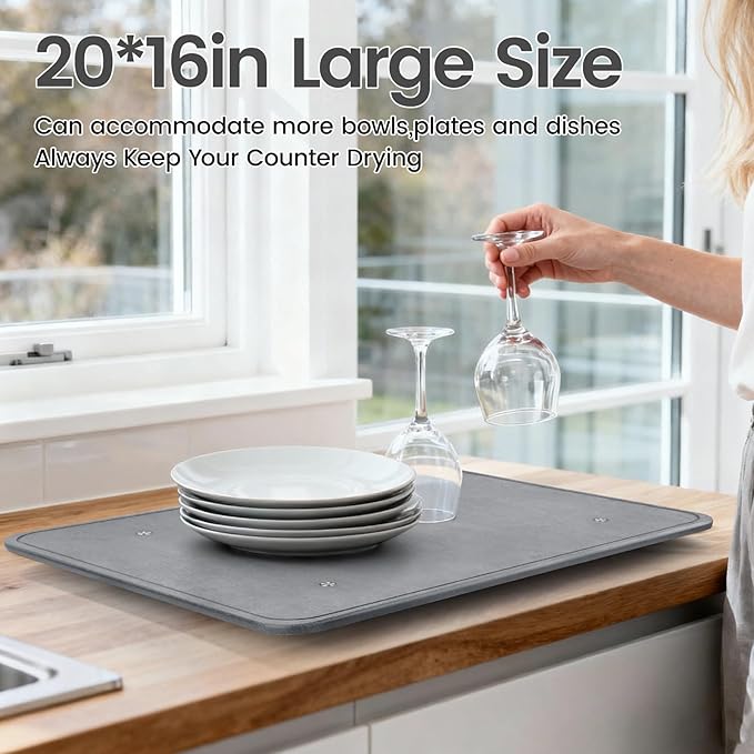 Large Stone Dish Drying Mats for Kitchen Counter,20"(L)×16"(W) Diatomaceous Earth Stone Mat With 4pc silver metal feet,Super Absorbent Fast Drying,Non-Slip Multi-purpose Kitchen Mat