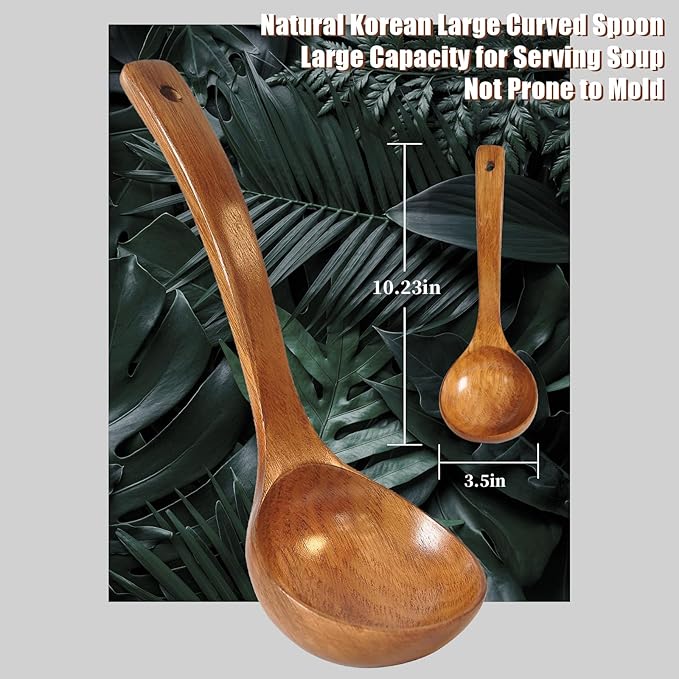 FJNATINH Wooden Soup Ladle with Long Handle Handmade Wooden Spoons for Cooking Kitchen Cookware Utensil