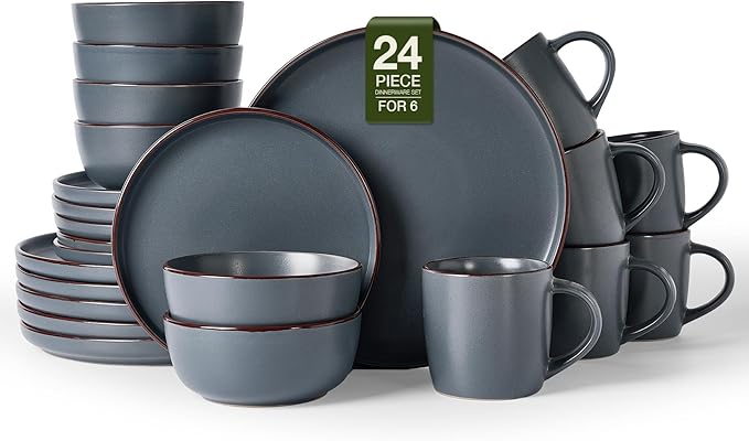 Famiware Mercury Dinnerware Sets with Mugs, Service for 6 (24 Pieces), Stoneware Plates and Bowls Sets, Microwave and Dishwasher Safe Dishes Set, Charcoal