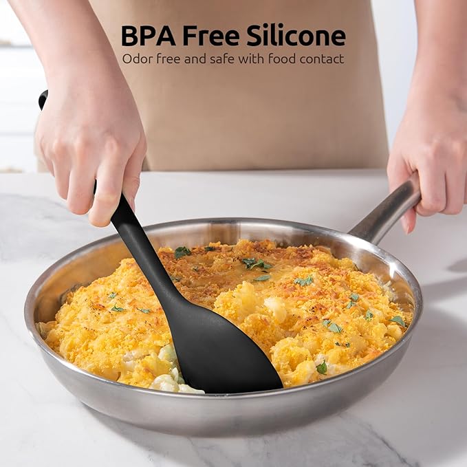 600ºF Heat Resistant Silicone Spoon: U-Taste 13.3in Solid Kitchen Cooking Spoon, Nonstick Food Grade Large & Long Soup Rubber Utensil for Mixing, Serving, Stirring, Basting, for Pot Cookware (Black)