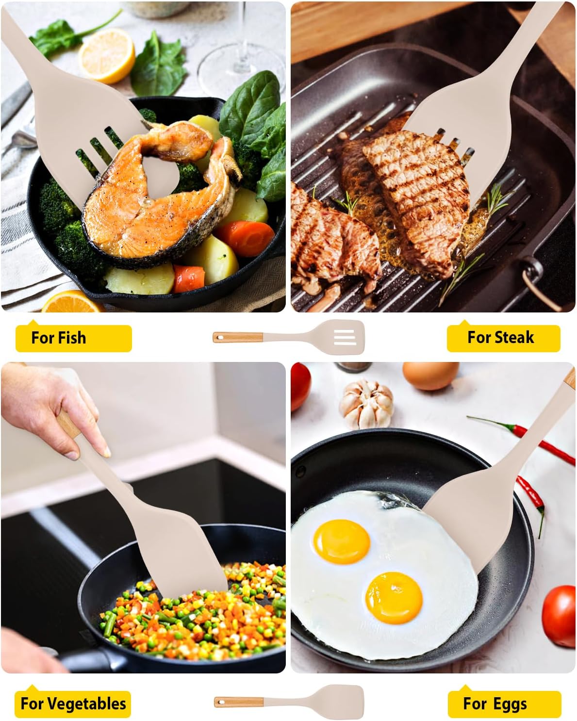 Pack of 2 Large Silicone Spatula, Heat Resistant Solid Turner, Non Stick Slotted Spatulas with Wooden Handle, Ideal Kitchen Utensils for Flipping, Pancakes, Eggs, Fish(KHAKI)