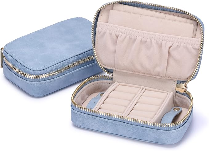 HISCOW Vegan Leather Travel Jewelry Case with Zipper - Portable Necklace & Earring Holder Organizer for Women Girls, Velvet-Lined Ring Box with Anti-Tarnish Design, Baby Blue