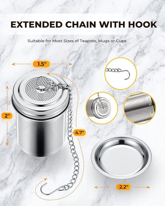 House Again Tea Infuser, Extra Fine Mesh Tea Strainers for Loose Tea, 18/8 Stainless Steel Tea Strainer with Extended Chain Hook, Tea Steeper for Brew Tea, Spices & Seasonings, for Single Cup