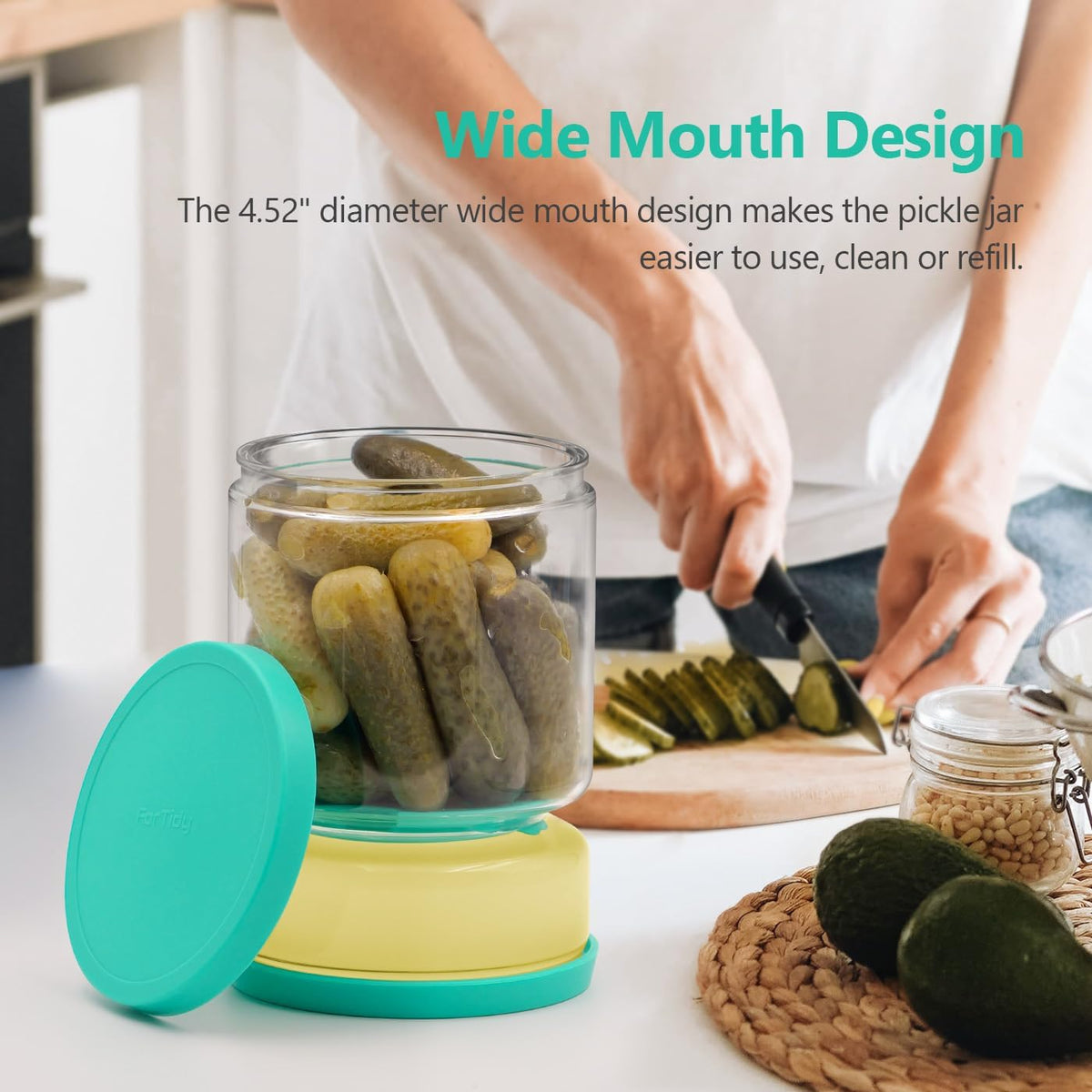 Glass Pickle Jar with Strainer for Pickle Lover - 50 oz Airtight Olive Container with Silicone Lids, Kitchen Organization Must-Have Versatile Hourglass Jar, BPA-Free, Dishwasher Safe (Green)