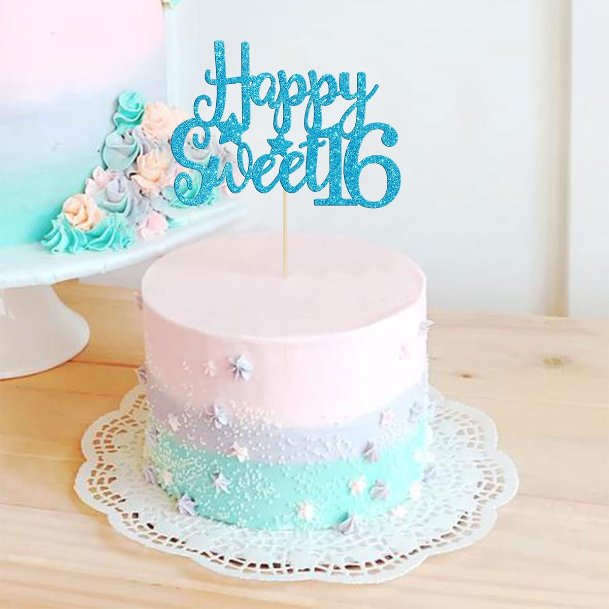 Gyufise 1Pc Happy Sweet 16 Cake Topper Glitter 16th Birthday Cake Pick for Cheers to 16 Years Old 16th Birthday Party Cake Decorations Supplies Light Blue