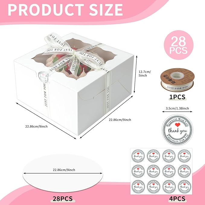 28 Pack cake boxes 9x9x5Inch Cake Boxes Bakery Boxes with Window for postres, Cookies, Donuts, Chocolate Covered Strawberries. (White, 995inch/28pcs)