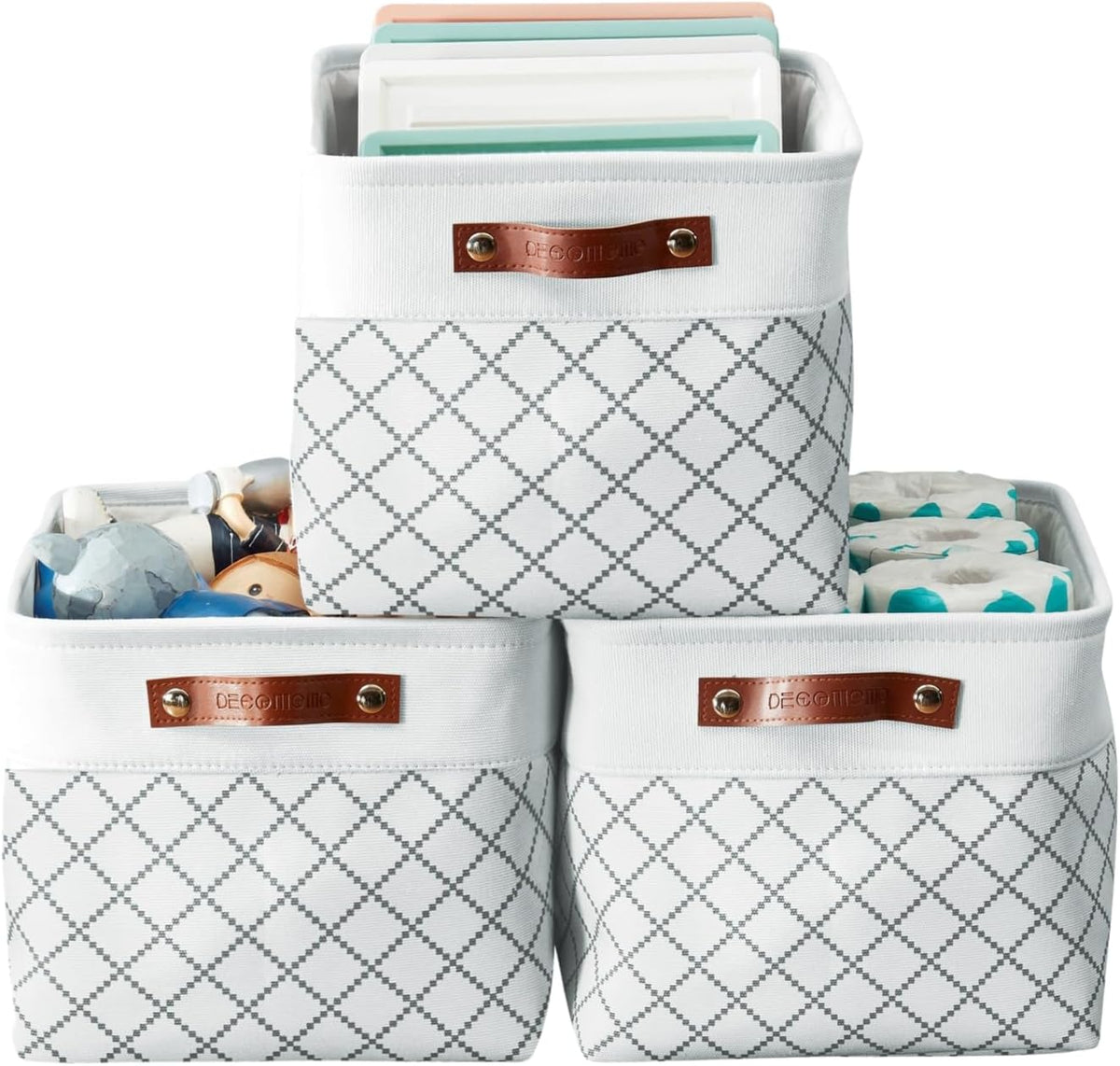 DECOMOMO White Storage Bins Fabric Storage Baskets for Shelves, Linen Closet Organization Toys Nursery (White Check, Large - 3 Pack)