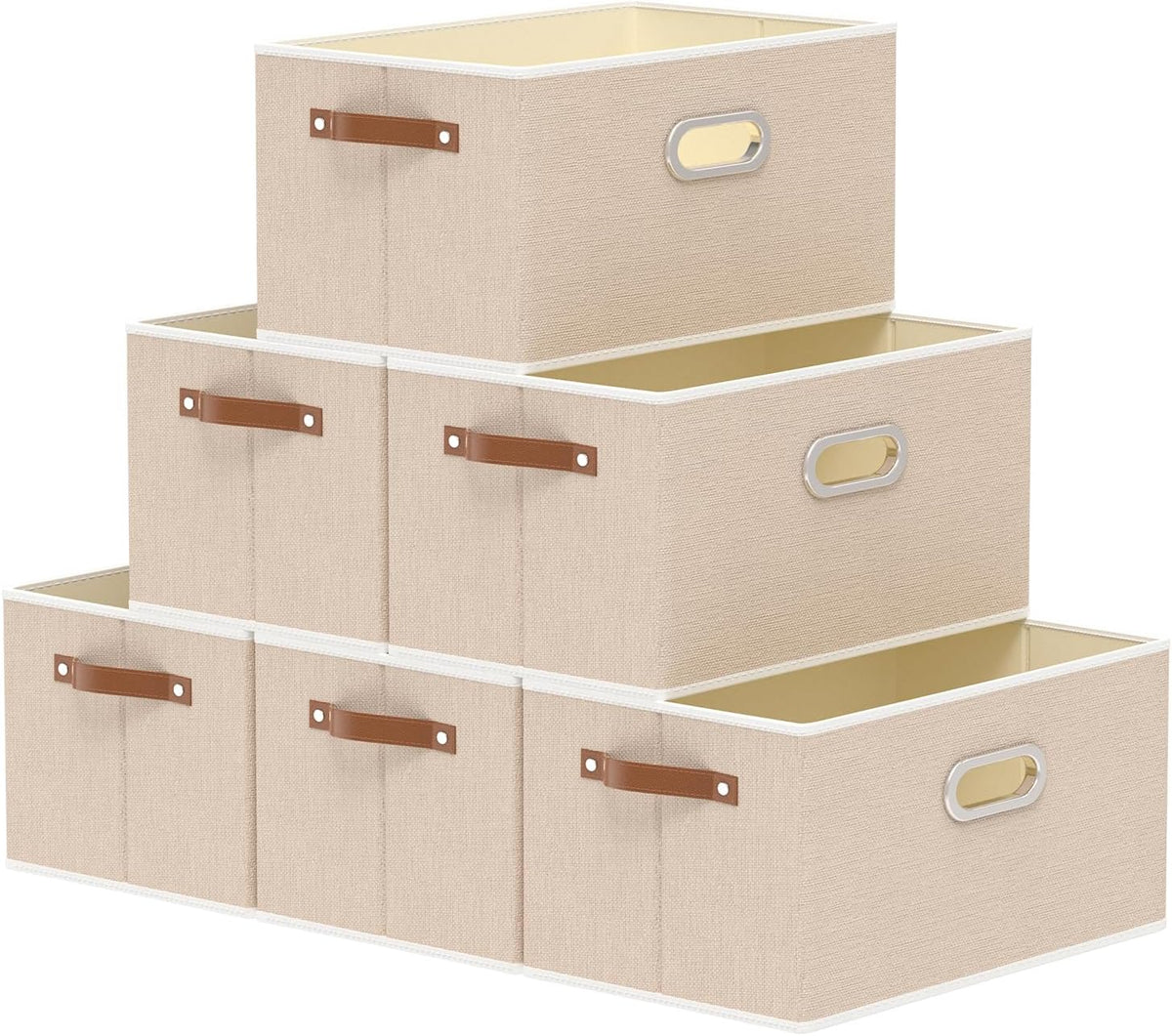 Yawinhe Foldable Storage Baskets for Shelves, Fabric Closet Organizers, Bins with 3 Handles, Cubes for Clothes, Beige, 15''Lx9.8''Wx8.3''H, 6-Pack