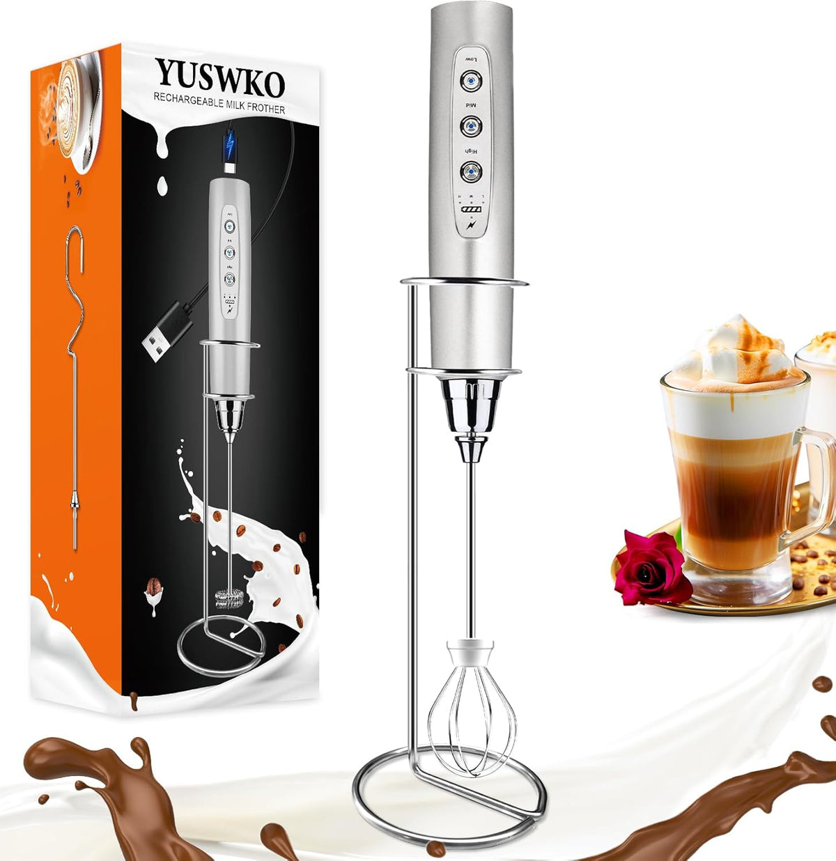 YUSWKO Silver Rechargeable Milk Frother for Coffee with Stand, Handheld Drink Mixer with 3 Heads 3 Speeds Electric Stirrers for Latte, Cappuccino, Hot Chocolate, Egg