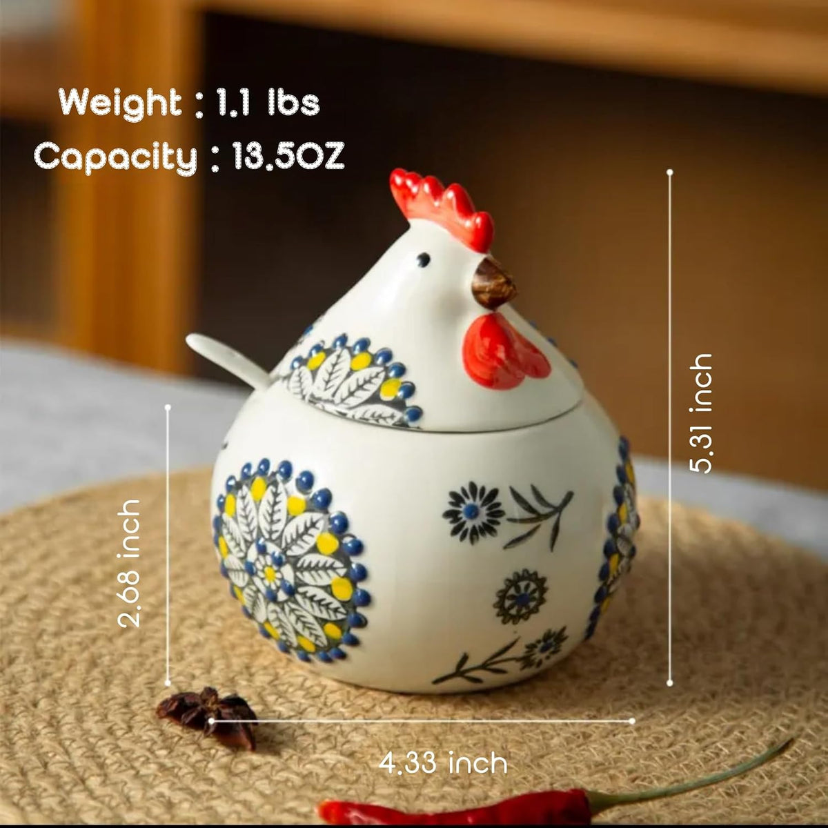 13.5 Oz Salt Cellar With Lid and Spoon (Green)- Ceramic Chicken Spice Jars for Salt, Sugar, Pepper - Spice Containers for Countertop