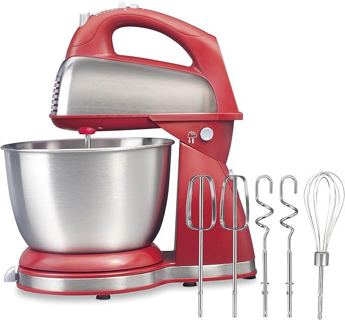 Hamilton Beach Classic Stand and Hand Mixer, 4 Quarts, 6 Speeds with QuickBurst, Bowl Rest, 290 Watts Peak Power, Red (64654)