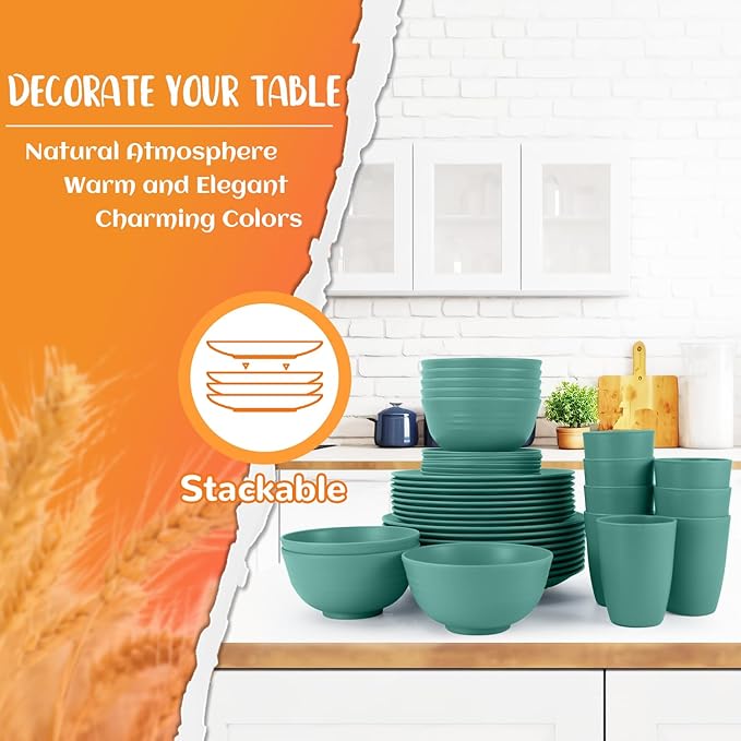 Wheat Straw Dinnerware Sets 40 PCS Unbreakable Dishes Set for Kitchen, Outdoor, Camping Dishes Plates and Bowls Sets with Cups, Dessert Plates, Dishwasher & Microwave Safe - Green