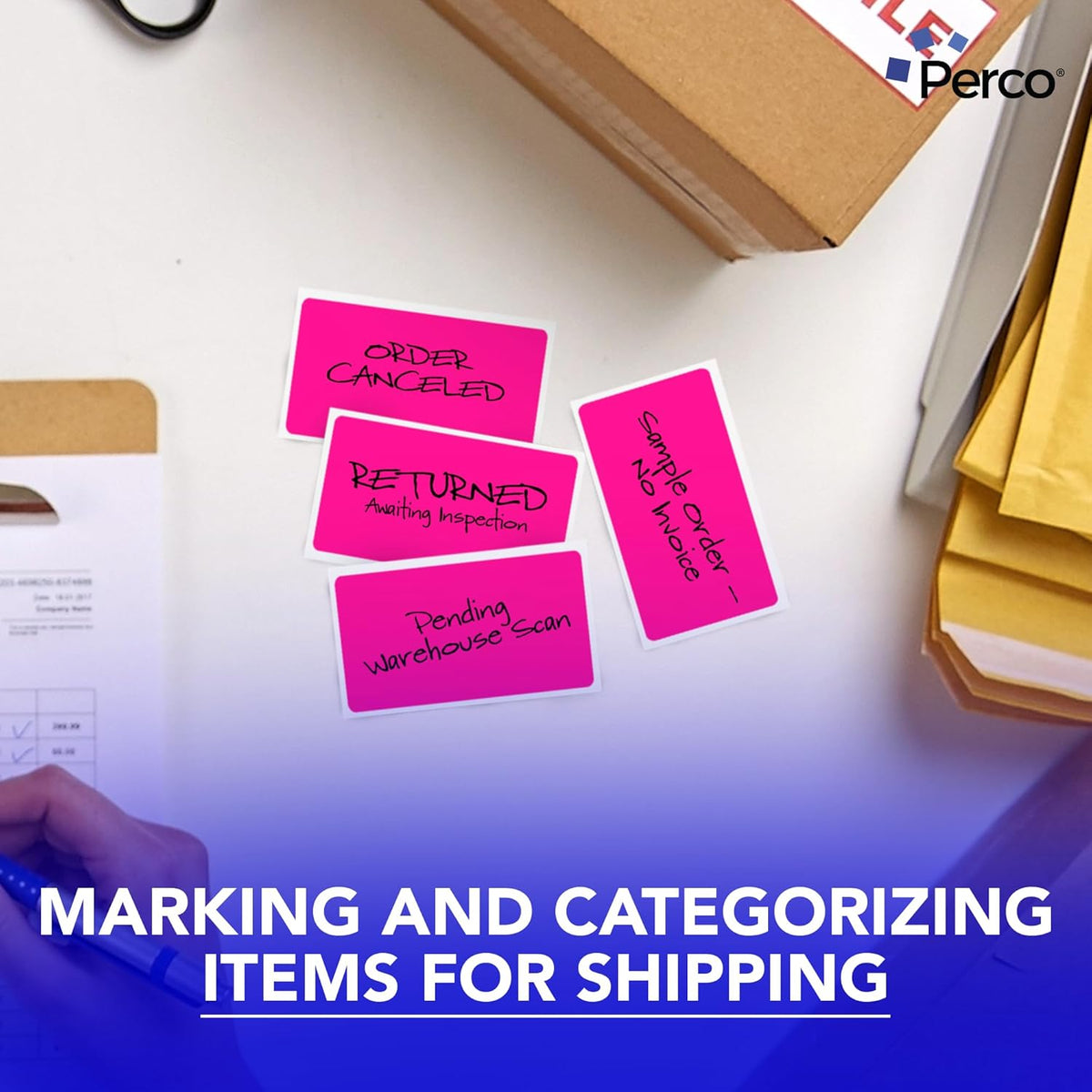 Perco Fluorescent Pink Labels 3x5 Inch 500 Stickers/Roll with Easy Peel Perforation and Strong Adhesion for Inventory Management, Color Coding, Moving Boxes, Retail, Organizing & Crafts – Made in USA
