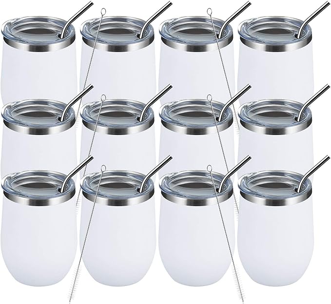 MEWAY 12 OZ/12 Pack Wine Tumbler Glasses with Lid -Double Wall Vacuum Stainless Steel Travel Tumbler Mug,Stemless Insulated Wine Cup for,Coffee,Cocktails,Gifts (White,Set of 12)