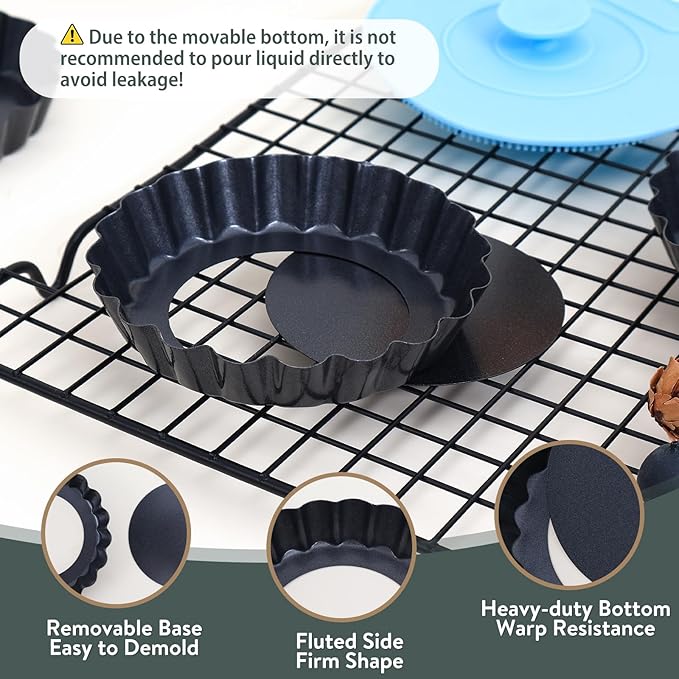 Mini Tart Pans Removable Bottom: Nonstick 4 Inch Quiche Pan Fluted Edge Set of 16 - Sturdy Carbon Steel Tart Molds for Baking - Easy Loose for Pie/Fruit/Egg/Cake - Suitable for Home Bakers