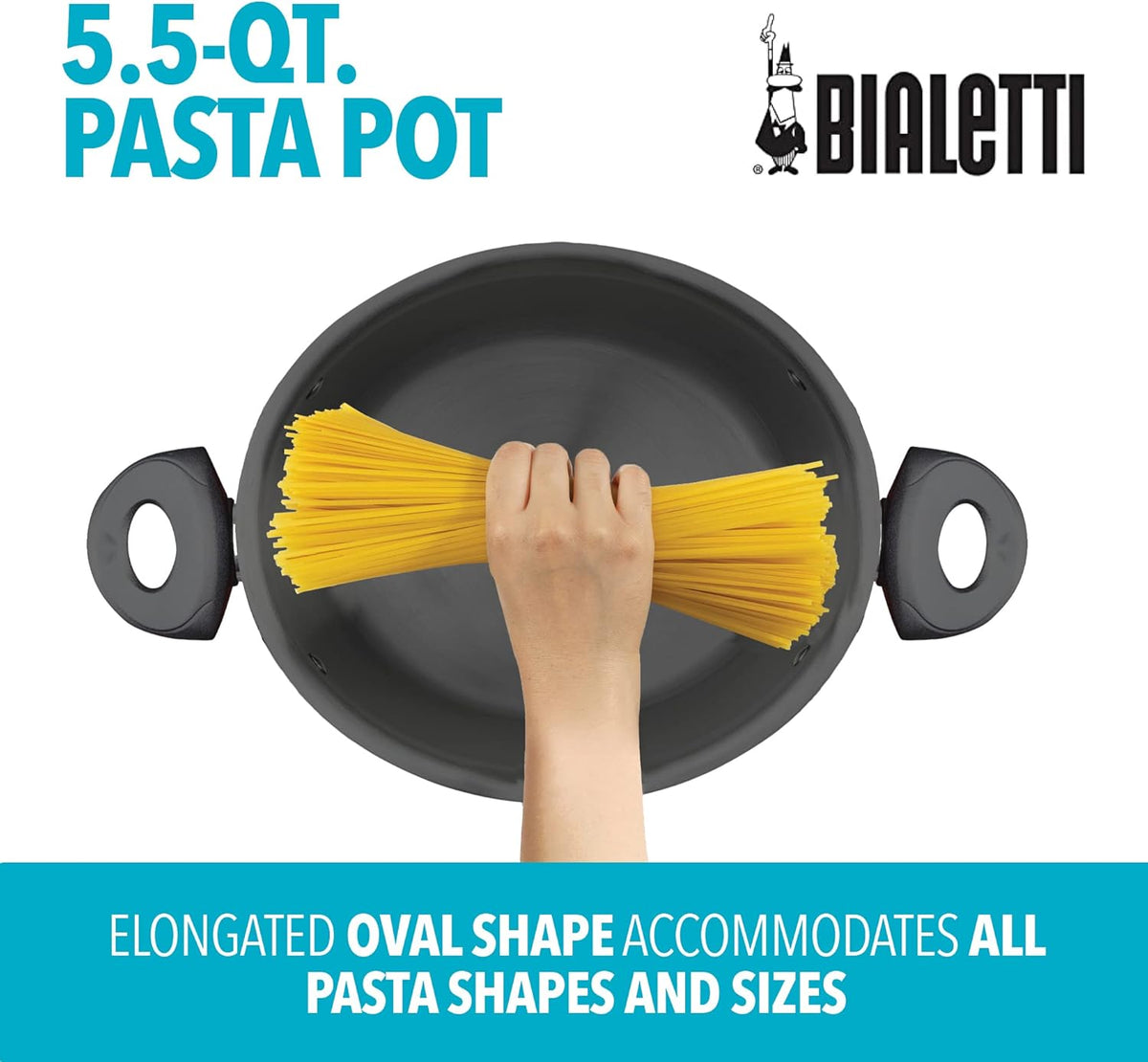 Bialetti 5.5 Quart Pasta Pot with Strainer Lid, Red – Elongated Oval Pot for Longer Spaghetti, Lasagna, Penne & Farfalle Noodles, Heat Resistant Handles & Nonstick Interior, Large Pot for Cooking