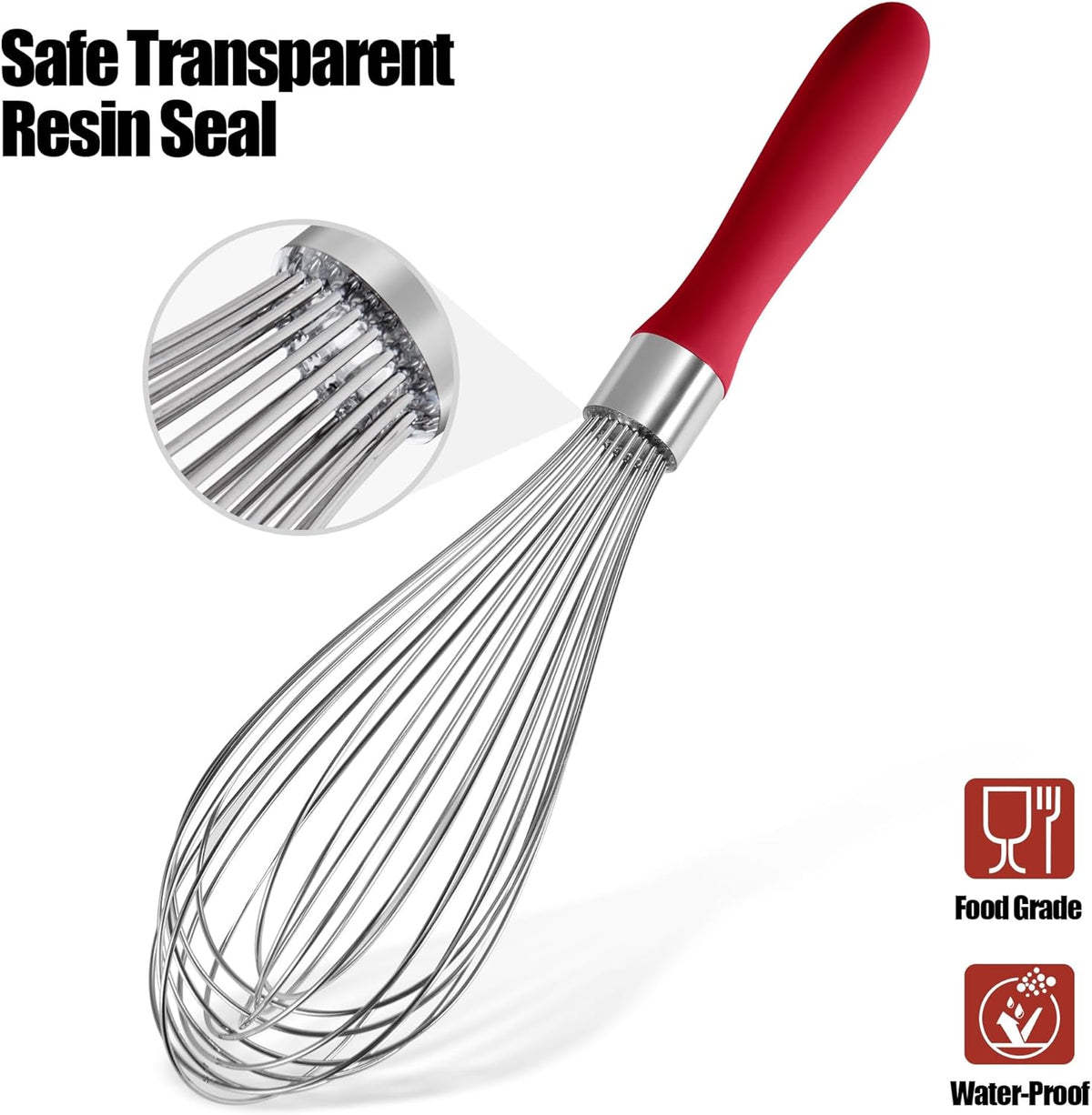 18/8 Stainless Steel Balloon Whisk, Doosu Kitchen Whisk for Cooking Handheld Egg Beater with Rust-Proof Sturdy Wires & Non-Slip Silicone Handle for Beating, Stirring, Blending (12 Wires, Red)