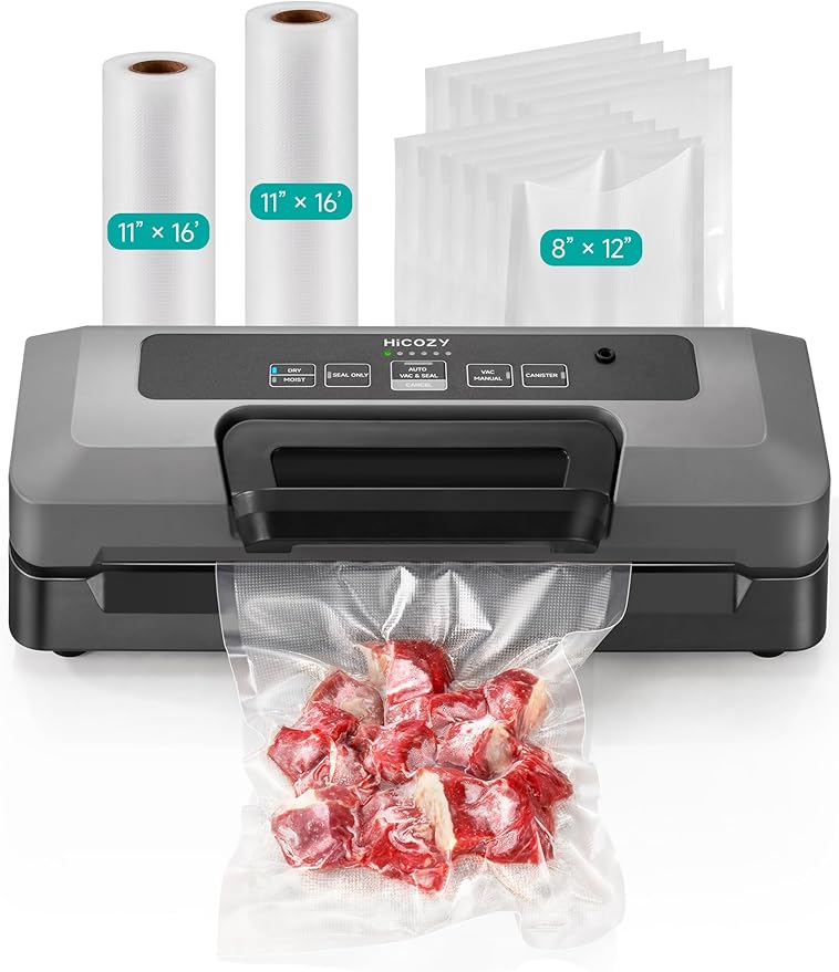 HiCOZY Vacuum Sealer for Food, Powerful Heat Food Sealer, Dry Moist 7-1 Multiple Automatic Modes, Easy-Lock Handle, Compact Design with 10 Vacuum Bags & 2 Bag Rolls, Bag Cutter Included, Space Gray