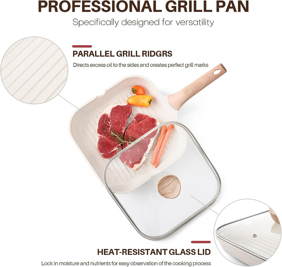 Nonstick Grilling Pan with Lid for Stove Tops, 9.5 Inch Square Grill Pan for Indoor Cooking, Healthy Coating Grill Skillet with Pour Spouts, Versatile Griddle, Induction Steak Pan, White