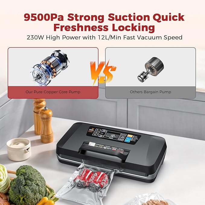 95kpa Vacuum Sealer, Commercial Fully Automatic Food Sealer, Powerful Sealing System, Double Heat Seal, Built-in Cutter and Bag Storage, 1 Roll Bag and 10 Precut Bags