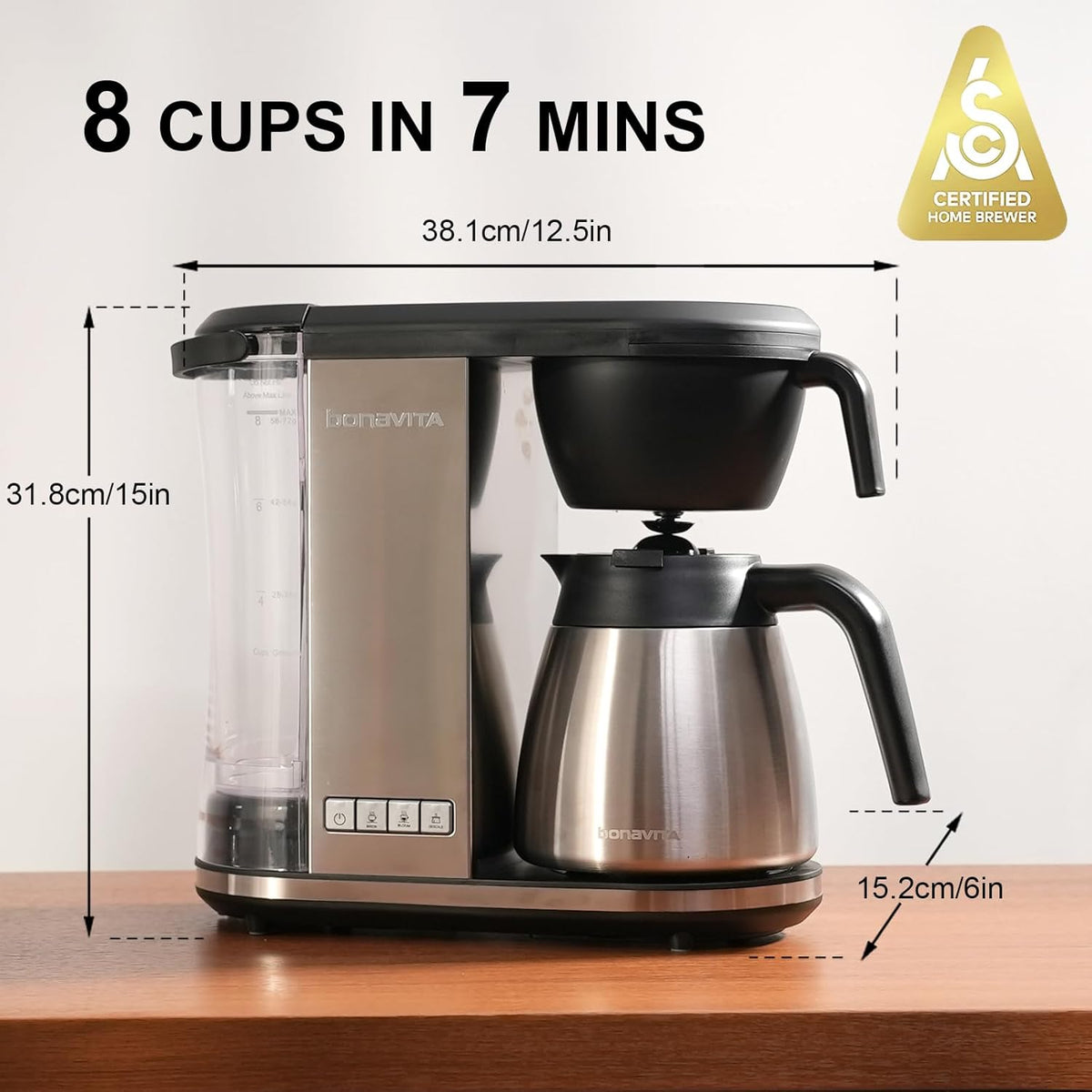Bonavita Enthusiast 8 Cup Drip Coffee Brewer, Pour Over, SCA Certified Coffee Machine with Thermal Carafe, Stainless Steel Panel, Removable Reservoir