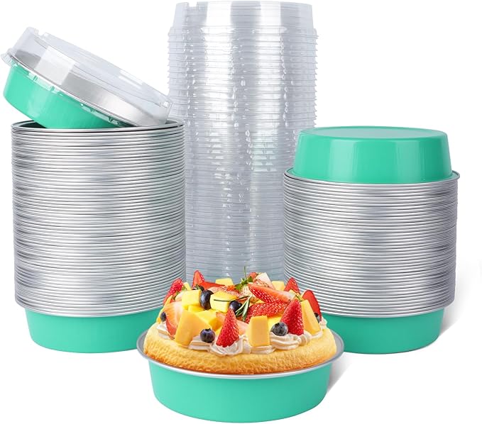 Beasea Mini Pie Pans with Lids, 120 Pack 4 Inch 8oz Disposable Mini Cake Pans Creme Brulee Aluminum Foil Pie Tart Ramekins Tins Elegant Blue Small Individual Round Containers Oven Safe for Baking