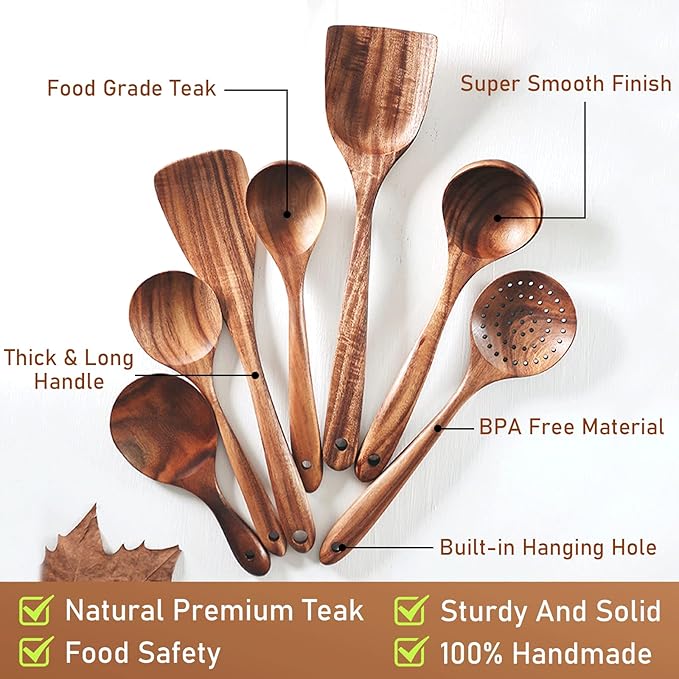 FJNATINH 7-Piece Nonstick Wooden Cooking Utensils Set, Natural and Healthy Kitchen Utensils（7 Pcs）