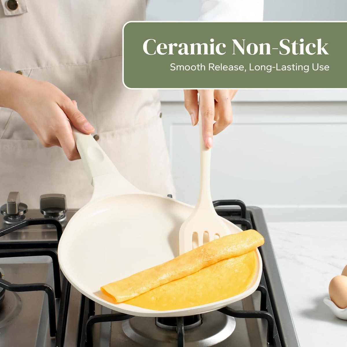Redchef Crepe Pan Nonstick, 10 Inch Ceramic Flat Skillet Pan for Roti Dosa Tawa Comal Para Tortillas Pancake Pan for Stove Top, Induction Compatible, PFAS/PFOA/PTFE Free(Beige White)