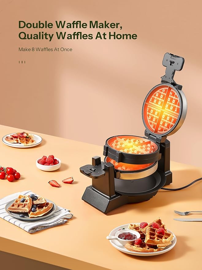 Classic Waffle Iron, Double Belgian Waffle Maker 180°Flip, 1400W Waffle Iron 8 Slices, Rotating & Nonstick Plates with Removable Drip Tray, Cool Touch Handles, Stainless Steel (8 Slices)