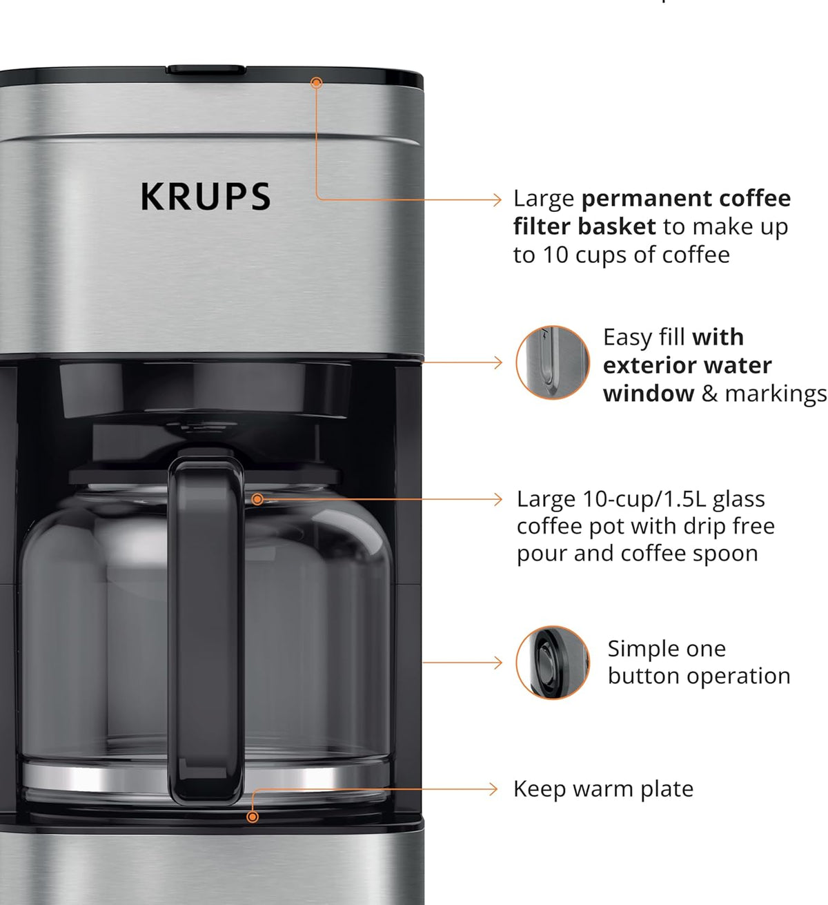 KRUPS Newer Model Drip Coffee Maker, 10-Cup, Silver