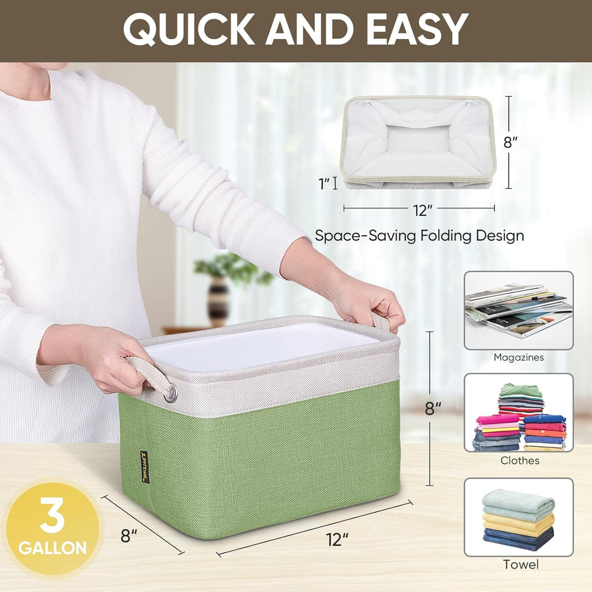 BALEINE 1 Pack Fabric Storage Bins for Shelves, Linen Storage Baskets for Organizing, Decorative Closet Bins for Clothes, Home (Green, 12"x8"x8")