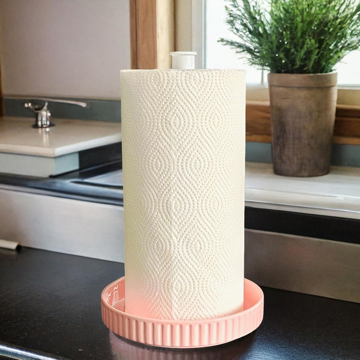 VROOMIUM Paper Towel Holder Countertop, Ceramic Base Easy-to-Clean, 1.5 lbs, 7" B x 12.5" H, Stable Elegant and Durable Kitchen Roll Stand, Cute Pink