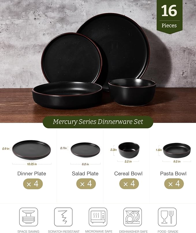 Famiware Mercury Dinnerware Sets with Pasta Bowls, Service for 4 (16 Pieces), Plates and Bowls Sets, Microwave and Dishwasher Safe Dishes Set, Matte Black