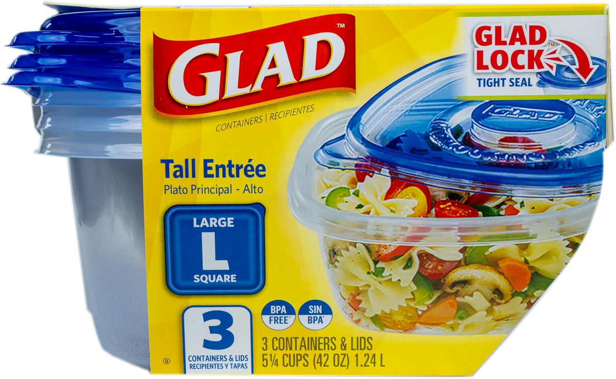 Glad GladWare Tall Entree Food Storage Containers - Large Square - Meal Container Holds up to 42 Ounces of Food - Lock Tight Seal, 3 Count - 6 Pack