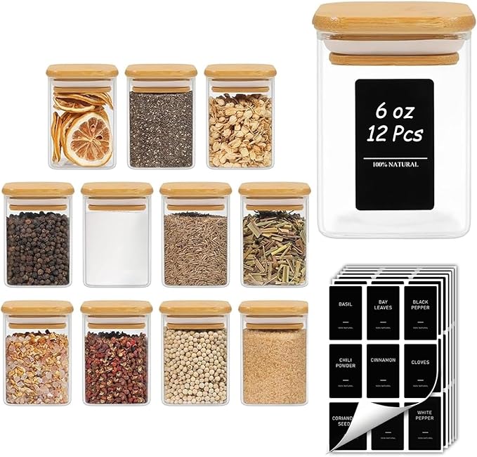 ComSaf Spice Jars with Labels 6 oz 12Pack, Small Spice Containers Starter Set, Glass Seasoning Jars with Lids, Square Seasoning Containers for Salt, Pepper, Chili Powder, Sugar, Ginger Ground, Cumin