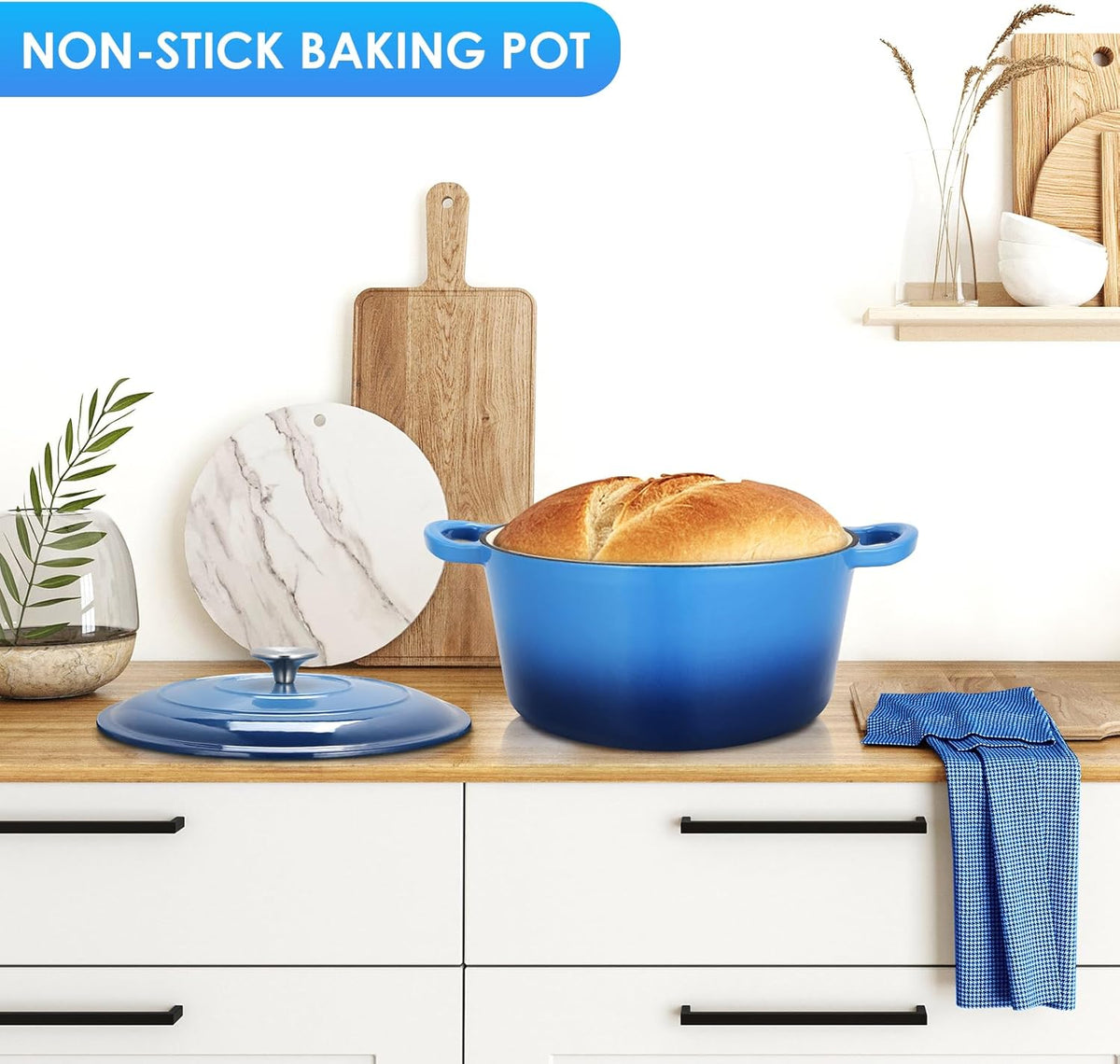 LIFERUN 6 Qt Enameled Cast Iron Dutch Oven Pot with Lid，Oven Safe up to 500° F, Non-Stick Dutch Oven with Dual Handles for Bread Baking, Fry Foods, Braising, Stews, Roasting (Blue)