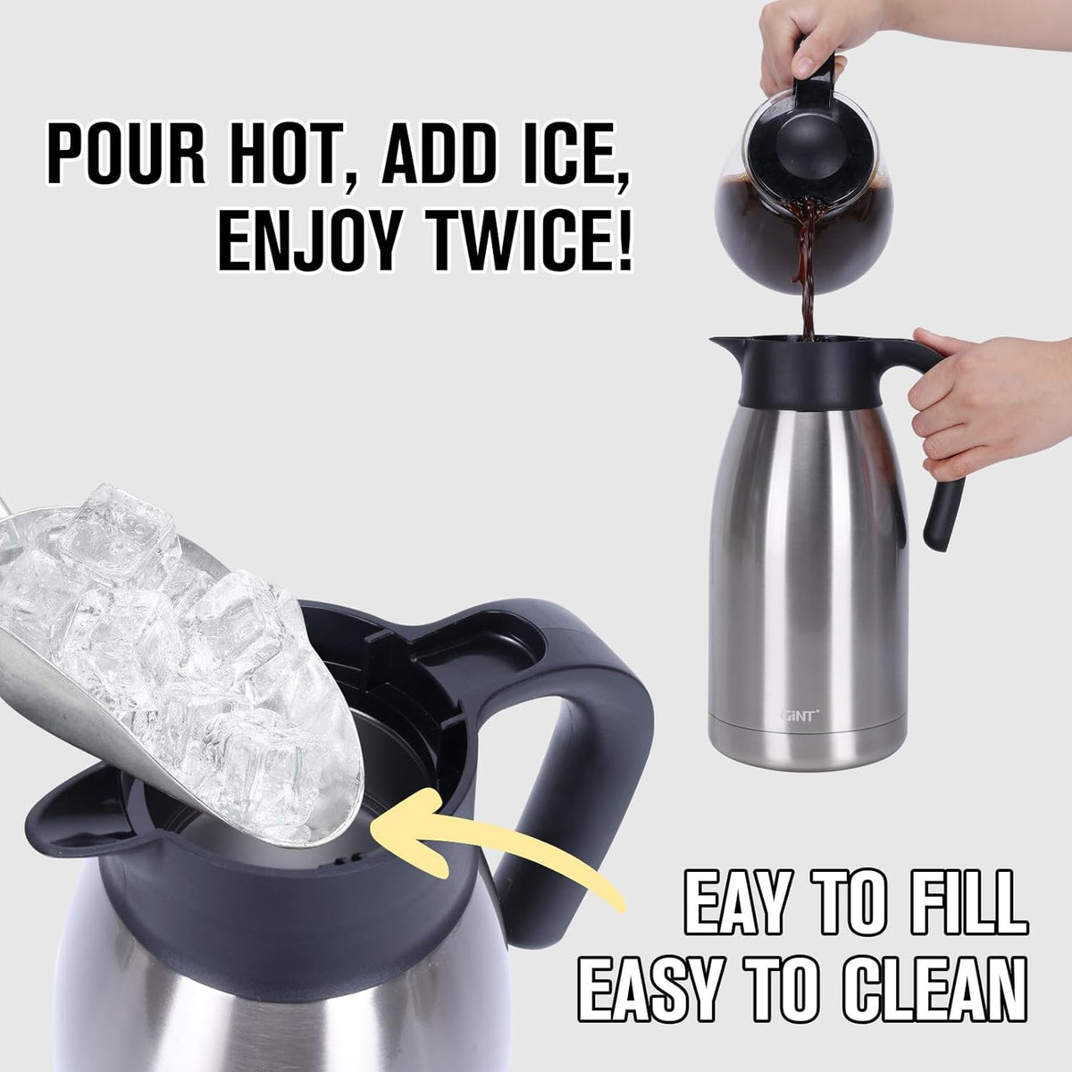 GiNT 64Oz Thermal Coffee Carafe, Insulated Stainless Steel Coffee Carafes for Keeping Hot/Double Walled Vacuum Thermal Carafe (Silver, 1.9L)