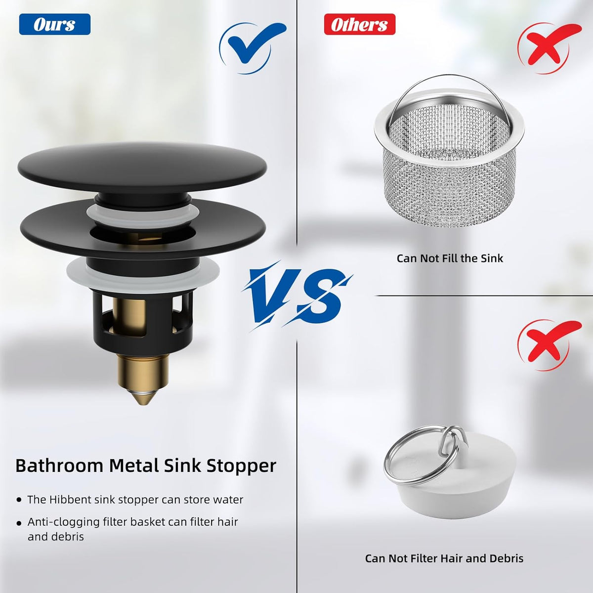 Hibbent 2 Pack All Metal Upgraded Bathroom Sink Stopper, Universal Pop Up Sink Drain Strainer, Brass Bullet Core Push Type Sink Stopper for 1.1''~2.3''' Basin, Anti Clogging Drain Filter, Matte Black