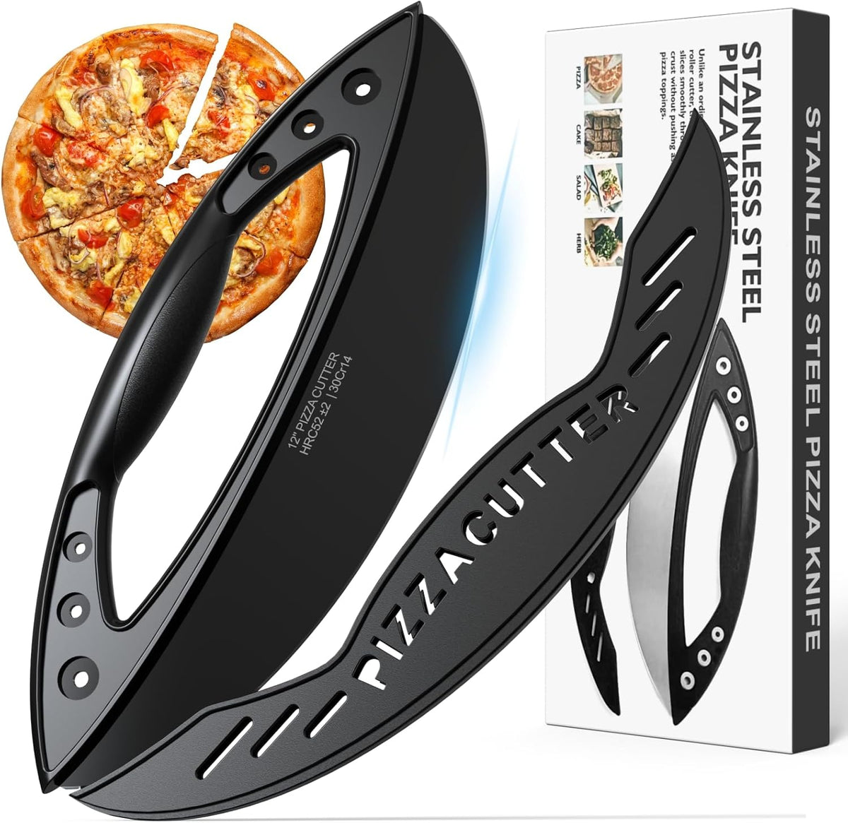 AILUROPODA 12-Inch Pizza Rocker Blade Cutter, Stainless Steel with Protective Cover, Black