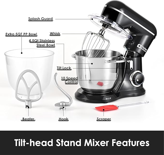 Kitchen in the box Stand Mixer, 5QT Two bowls Electric Food Mixer, 10 Speeds 3-IN-1 Kitchen Mixer for Daily Use with Egg Whisk,Dough Hook,Flat Beater (Black, 5QT)