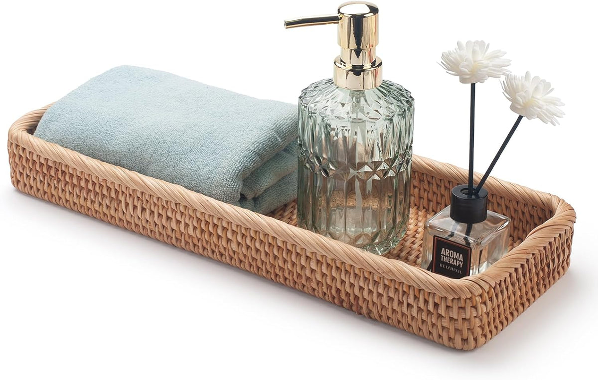 Rattan Bathroom Vanity Trays Toilet Tank Baskets Long Narrow Hand Towel Storage Basket for Storage, Decorative (Natural 16.3 x 6.1 x 2 inch)