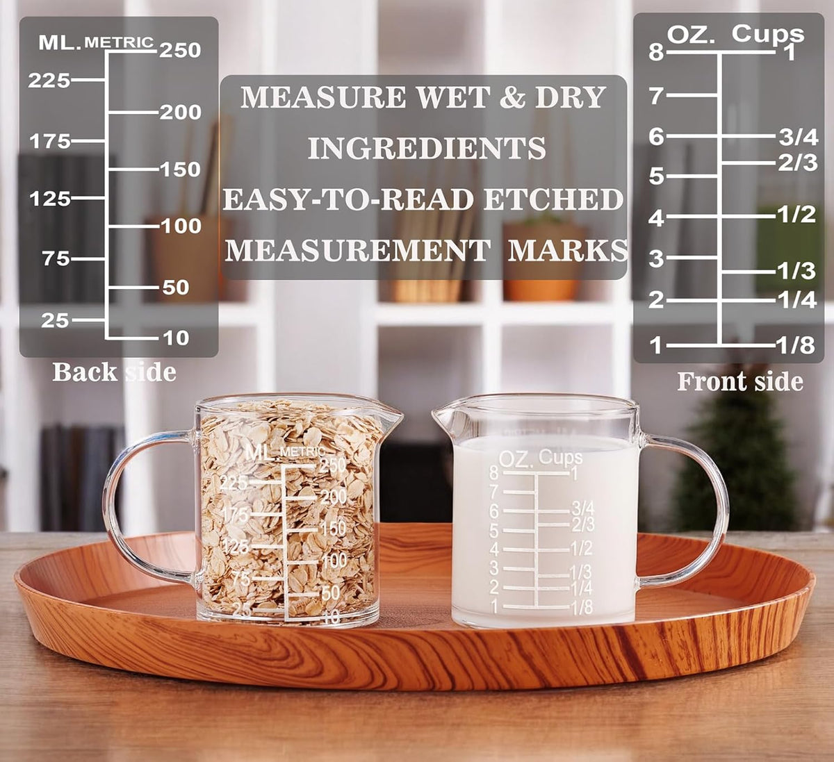 Ackers Etched Graduated Glass Measuring Cup - [Insulated Handle | V-Shaped Spout] - High Borosilicate Glass Measuring Cup for Kitchen or Dining, Easy to Read, 250ml (8oz, 1 Cup)
