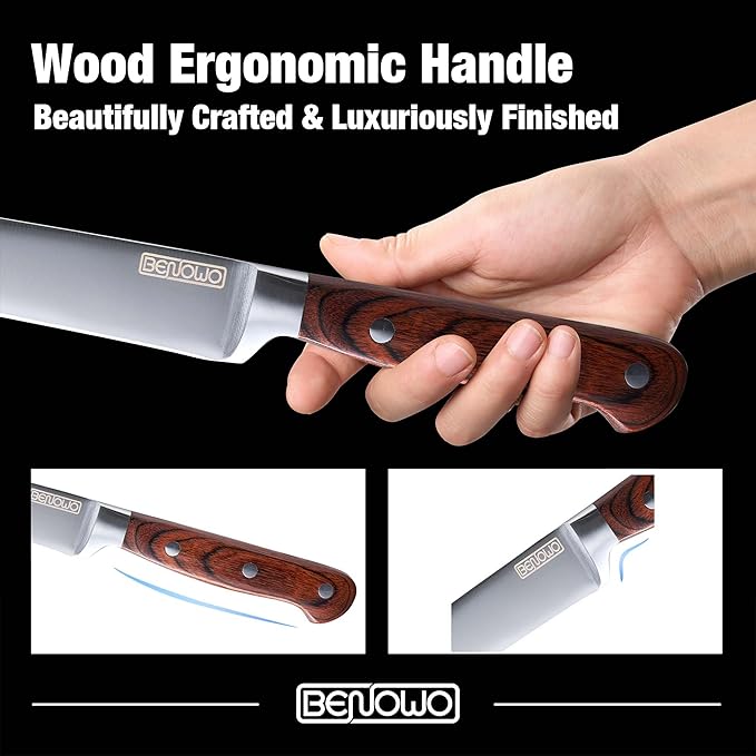 Benowo Carving Knife Set 2-Piece, 8-inch Turkey Carving Knife and Fork Set Stainless Steel Kitchen Knife for Steak, Hibachi Knife and Fork, BBQ Carving Fork with Gift Box – Designed in USA