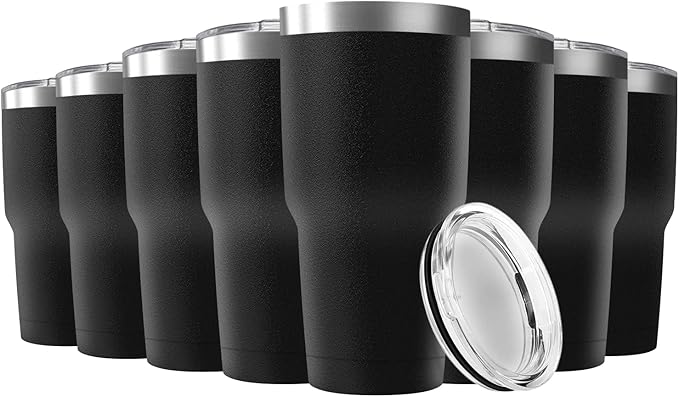 30oz Stainless Steel Travel Mug with Lid, 8 Pack Double Wall Vacuum Insulated Bulk Tumbler, Powder Coated Coffee Cup Suitable for Vehicle Cup Holders(Black)