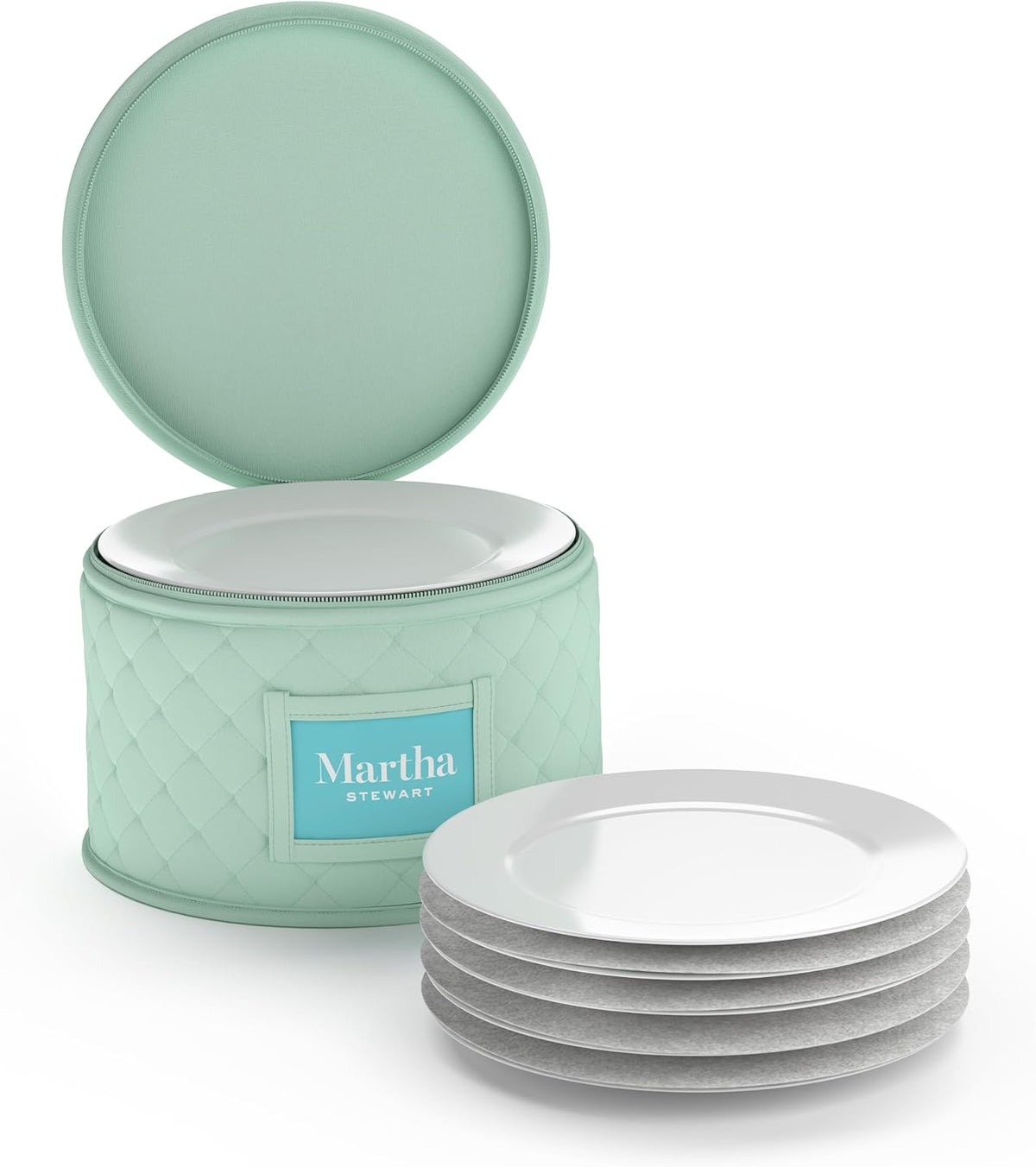 Martha Stewart Dinnerware Stemware Glassware Stackable Organizer Home Storage Container Case, 3 Piece Dinnerware Set Organizer For Dessert, Salad and Dinner Plates With Felt Dividers, Mint