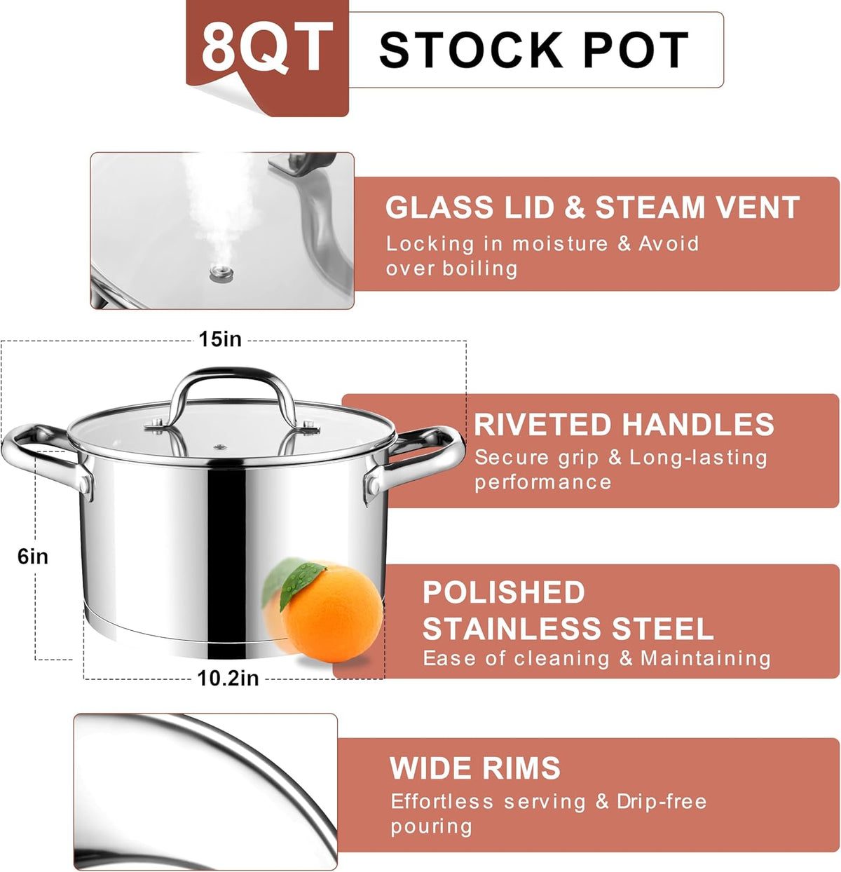 E-far Stainless Steel Stock Pot, 8 Quart Tri-ply Base Cooking Pot with Glass Lid, Induction Soup Pot Compatible with All Stoves, Nontoxic & Thick Bottom, Oven & Dishwasher Safe